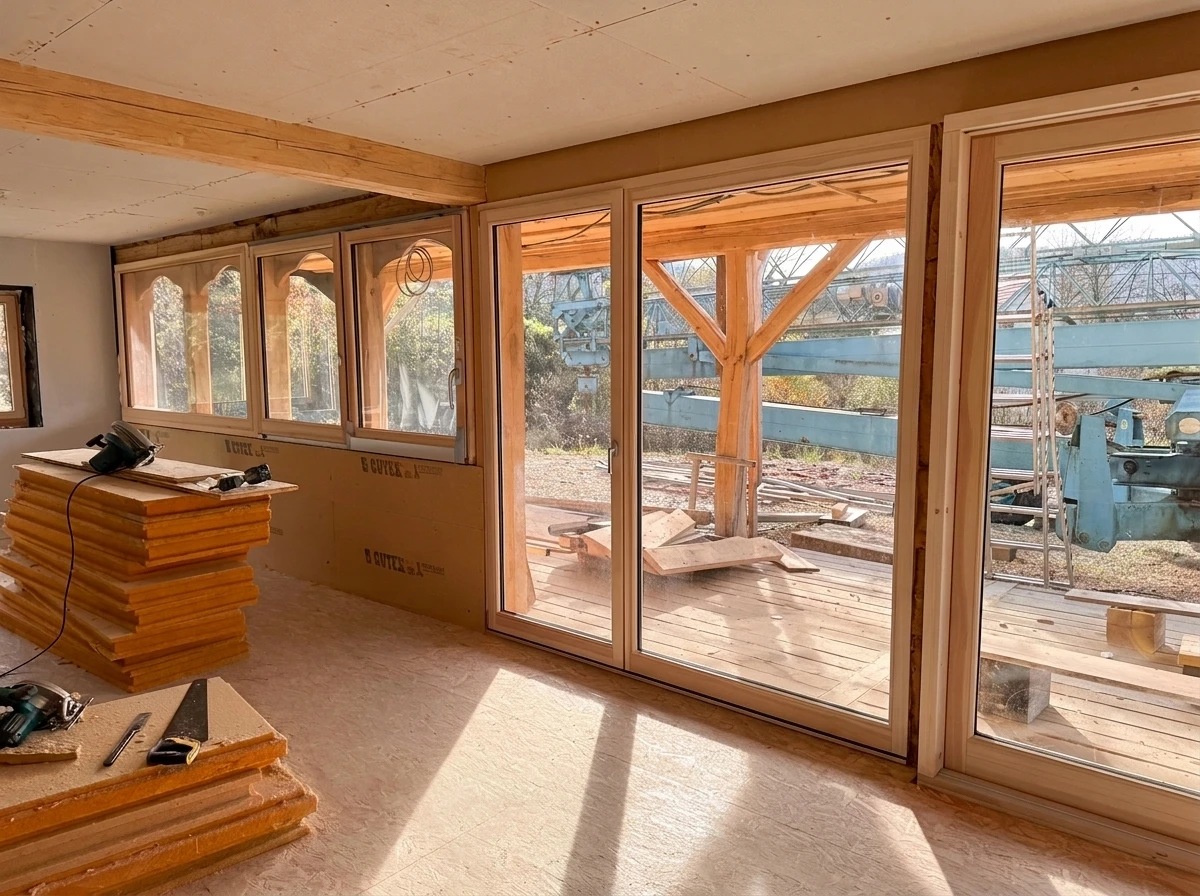 Intérieur moderne avec grande baie vitrée coulissante donnant sur terrasse en bois